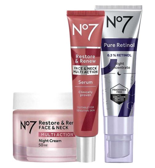 No7 Pure Retinol 0.3% Retinol Night Concentrate 30ml;No7 Pure Retinol 0.3% Retinol Night Concentrate 30ml;No7 R&R Face & Neck Multi Action Serum 30ml;No7 Restore & Renew FACE & NECK MULTI ACTION Serum 30ml;No7 Restore & Renew Face & Neck MULTI ACTION Night Cream 50ml Enhanced Formula;No7 Restore & Renew Face & Neck MULTI ACTION Night Cream 50ml Enhanced Formula;No7 Restore & Renew MULTI ACTION Night Regime
