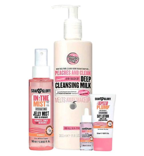 Soap & Glory Daily Dew Instant Hydration Serum;Soap & Glory Daily Dew Instant Hydration Serum;Soap & Glory Glorious Hydration Bundle;Soap & Glory In The Mist Of It Hydrating™ Jelly Mist;Soap & Glory In The Mist Of It Hydrating™ Jelly Mist;Soap & Glory Peaches & Clean Deep Cleansing Milk 350ml;Soap & Glory Peaches & Clean Deep Cleansing Milk 350ml;Soap & Glory Speed Plump Intensely Hydrating Day Lotion;Soap & Glory Speed Plump Intensely Hydrating Day Lotion
