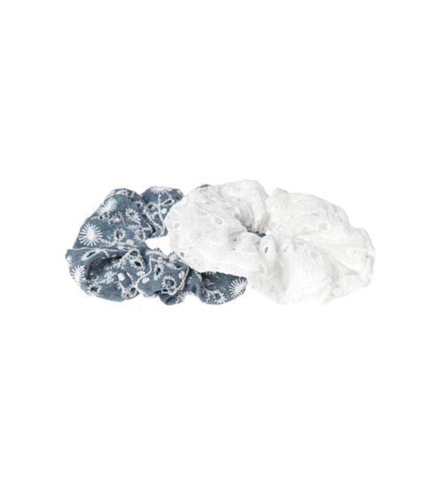 Ribbon & Asher White & Blue Broderie Fabric Scrunchie - Pack of 2
