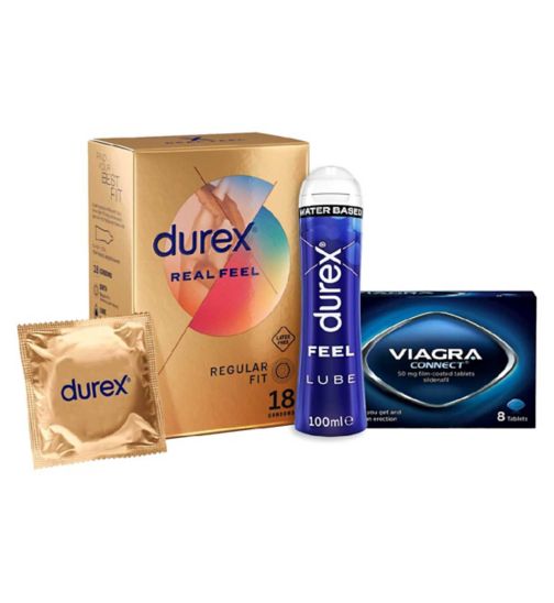 Viagra Connect 50mg tablets - 8 tablets with Durex Real Feel Condoms 18 and Lubricant Bundle