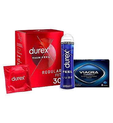 Viagra Connect 50mg film coated - 8 tablets with Durex Thin feel Condoms 30s & Lubricant Bundle