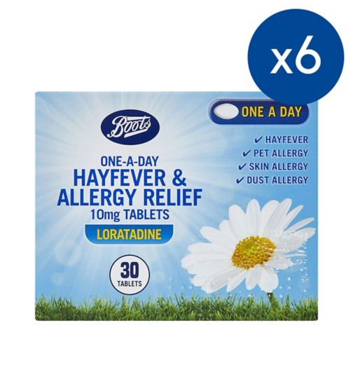 Boots One-a Day Hayfever & Allergy Relief 10mg Tablets (Loratadine)  6 x 30 tablets- 6 Months supply;Boots One-a-Day Hayfever & Allergy Relief 10mg Tablets - 30 Tablets;Boots One-a-Day Hayfever & Allergy Relief 10mg Tablets - 30 Tablets