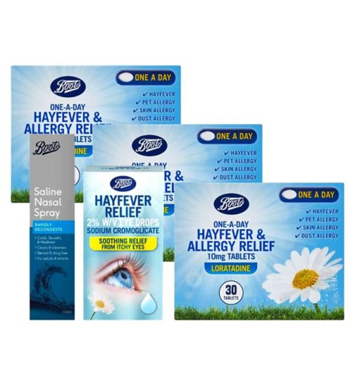 Boots Hayfever Relief 2% w/v Eye Drops - 10ml;Boots Hayfever Relief 2% w/v Eye Drops - 10ml;Boots Hayfever and Allergy Relief Bundle - Loratadine;Boots One-a-Day Hayfever & Allergy Relief 10mg Tablets - 30 Tablets;Boots One-a-Day Hayfever & Allergy Relief 10mg Tablets - 30 Tablets;Boots Saline Nasal Spray 100ml;Boots saline nasal spray 100ml