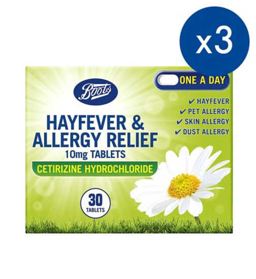 Boots Hayfever & Allergy Relief 10mg Tablets (30 Tablets);Boots Hayfever & Allergy Relief 10mg Tablets (30 Tablets);Boots Hayfever & Allergy Relief 10mg Tablets Cetirizine - 3 x 30 Tablets (3 Months Supply Bundle)