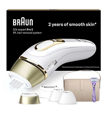 Braun IPL Silk-Expert Pro 5, At Home Hair Removal Device with Pouch, White/Gold, PL5347