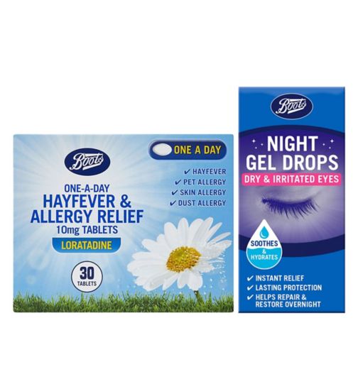 Boots Dry & Irritated Night Gel Drops -;Boots Hayfever & Eye drop Bundle 1;Boots Night Gel Drops - Dry & Irritated Eyes 10ml;Boots One-a-Day Hayfever & Allergy Relief 10mg Tablets - 30 Tablets;Boots One-a-Day Hayfever & Allergy Relief 10mg Tablets - 30 Tablets