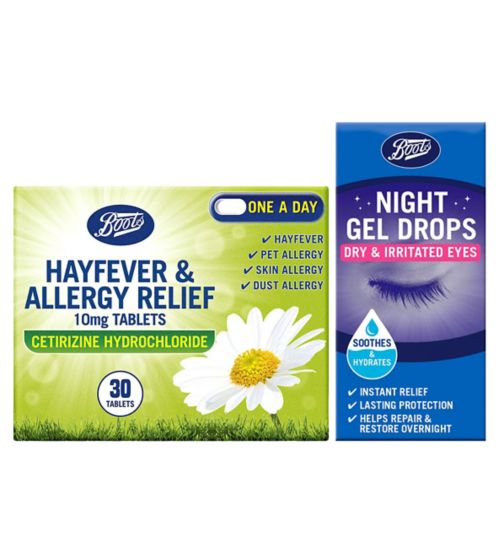 Boots Dry & Irritated Night Gel Drops -;Boots Hayfever & Allergy Relief 10mg Tablets (30 Tablets);Boots Hayfever & Allergy Relief 10mg Tablets (30 Tablets);Boots Hayfever & Eye Drop Bundle 2;Boots Night Gel Drops - Dry & Irritated Eyes 10ml