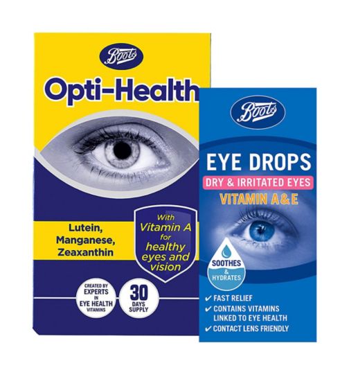 Boots Eye Drops Dry & Irritated Eyes Vitamin A & E - 15ml;Boots Opti- Health - 30 days supply;Boots Opti- Health 30 Days Supply;Boots Vitamin & Eyecare Bundle 1;Boots Vitamin A&E Drops Dry & Irritated Eyes