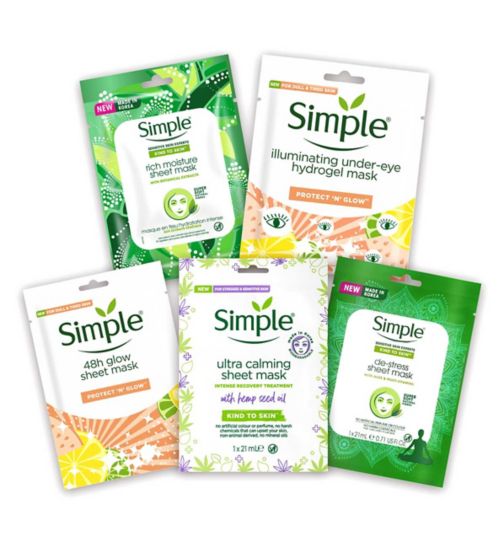 Simple Brightening Under Eye Sheet Mask;Simple De-Stress Sheet Face Mask;Simple Face Masks Bundle;Simple Illuminating Under Eye Hydrogel Mask;Simple Kind To Skin Rich Moisture Sheet Mask 21 ml 1 Mask;Simple Kind To Skin Sheet Mask De-Stress 1 pc;Simple Kind to Skin Biodegradable Sheet Mask Ultra Calming 1 pc;Simple Protect 'N' Glow Sheet Mask 48h Glow 1 mask;Simple Sheet Mask 48hr Glow;Simple Sheet Mask Rich Moisture;Simple Ultra Calming Sheet Mask