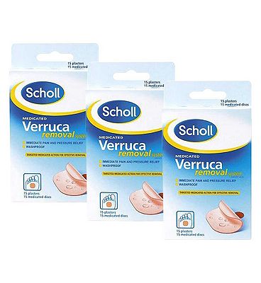 Scholl Verruca Removal System 40% w/w Medicated Plasters - 15 Washproof Plasters 15 Medicated Discs x 3 bundle