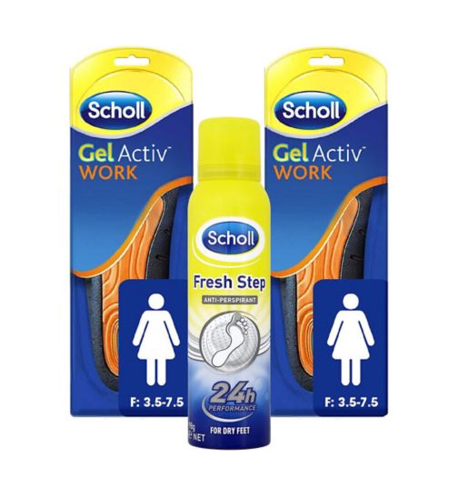 Scholl Fresh Step Shoe Spray 150ml;Scholl Fresh Step Shoe Spray 150ml;Scholl Gel Work Insoles - Women - size 3.5 - 7.5;Scholl Gel Work Insoles Women 3.5-7.5;Scholl Women's Gel Work Insoles & Fresh Step Shoe Spray bundle