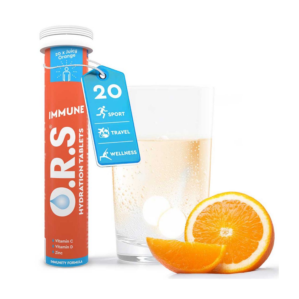 ORS O.r.s Hydration + Immunity, Juicy Orange Electrolyte Tablets With Vitamins C, D, Iron & Zinc - 20