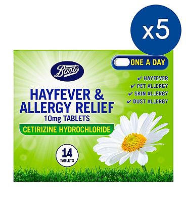 Boots Hayfever & Allergy Relief 10mg Tablets Cetirizine - 5 x 14 Tablets Bundle
