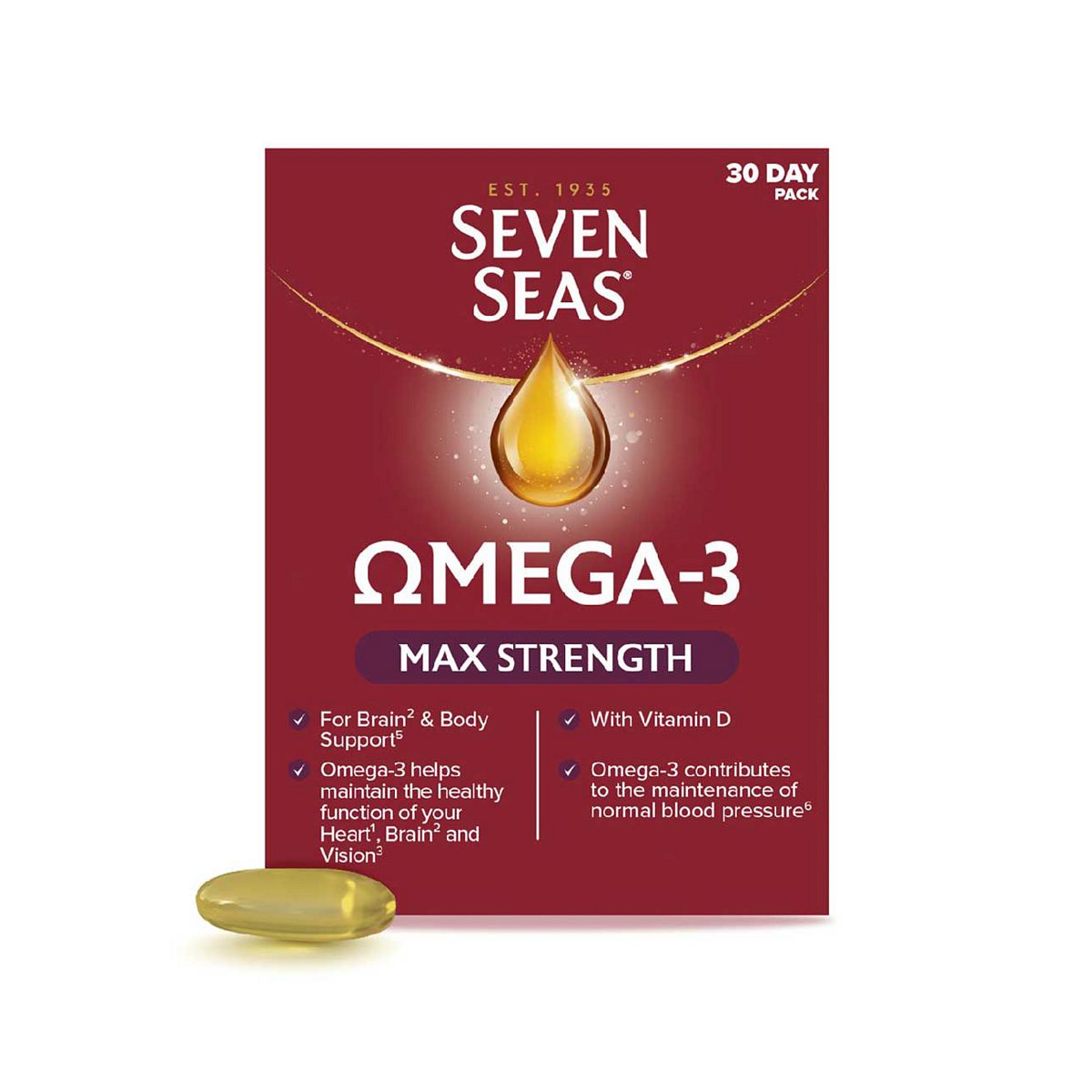 Seven Seas Omega-3 Fish Oil, Max Strength With Omega 3 And Vitamin D For Brain² & Body, 30 Capsules