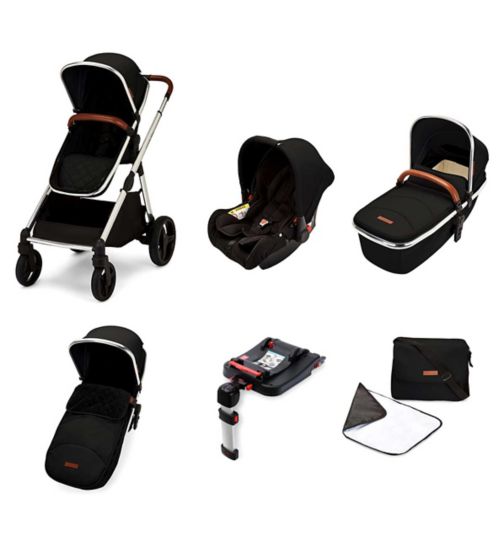 Ickle Bubba Eclipse travel system with galaxy car seat and isofix base chrome/jet black/tan