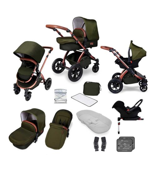 Ickle Bubba Stomp V4 travel system with galaxy car seat & isofix base bronze colour/woodland