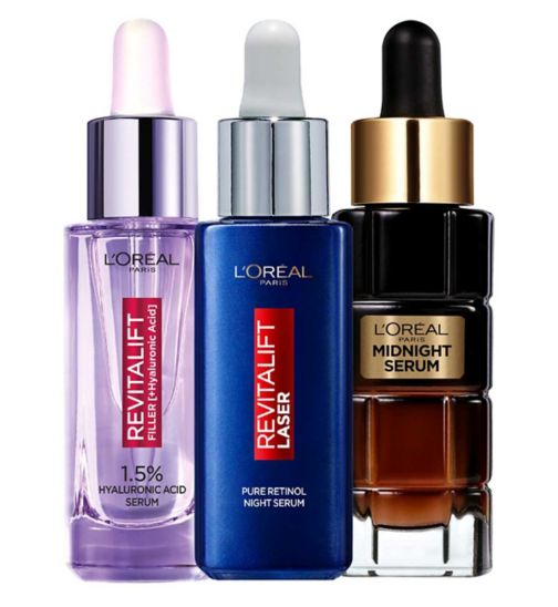 L'Oreal Age Perfect Cell Renew Midnight Serum 30ml;L'Oreal Paris Age Perfect Cell Renew Midnight Serum 30ml;L'Oreal Paris Hyaluronic Acid Serum Revitalift Filler [+Hyaluronic Acid] Anti-Wrinkle Dropper Serum 30ml;L'Oreal Paris Hyaluronic Acid Serum Revitalift Filler [+Hyaluronic Acid] Anti-Wrinkle Dropper Serum 30ml;L'Oreal Paris Retinol, Hyaluronic Acid + Anti-Oxidant Super Serums Bundle;L'Oreal Paris Revitalift Laser Pure Retinol Deep Anti-Wrinkle Night Serum 30ml;L'Oreal Paris Revitalift Laser Pure Retinol Deep Anti-Wrinkle Night Serum 30ml
