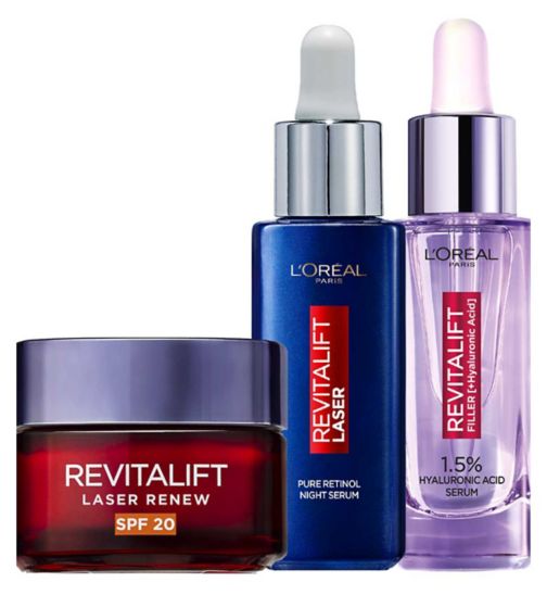 L'Oreal Paris Hyaluronic Acid Serum Revitalift Filler [+Hyaluronic Acid] Anti-Wrinkle Dropper Serum 30ml;L'Oreal Paris Hyaluronic Acid Serum Revitalift Filler [+Hyaluronic Acid] Anti-Wrinkle Dropper Serum 30ml;L'Oreal Paris Revitalift Laser Face Moisturiser With SPF 25 Triple Action Anti-Ageing Day Cream 50ml;L'Oreal Paris Revitalift Laser Pure Retinol Deep Anti-Wrinkle Night Serum 30ml;L'Oreal Paris Revitalift Laser Pure Retinol Deep Anti-Wrinkle Night Serum 30ml;L'Oreal Paris Revitalift Salicylic Acid Face Cream SPF 20;L’Oreal Paris Retinol + Hyaluronic Acid Hydrate, Correct And Protect Bundle