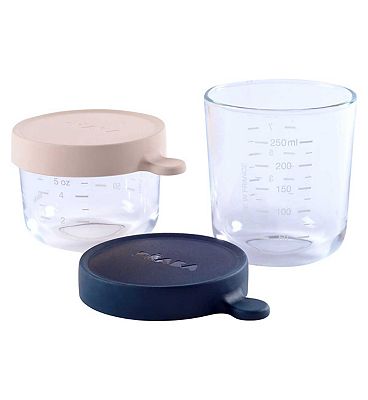 Beaba Set of 2 Glass Storage Jars (150 ml pink / 250 ml dark blue)