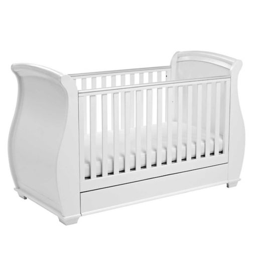 Babymore Bel Sleigh Cot Bed Dropside with Drawer - White