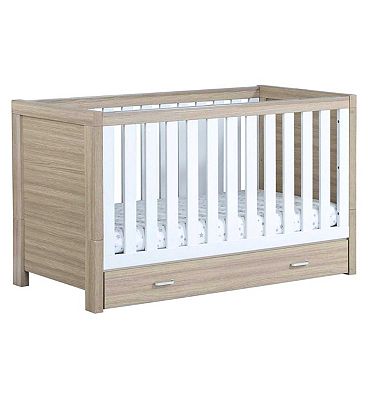 Babymore Luno Cot Bed with Drawer - Oak White