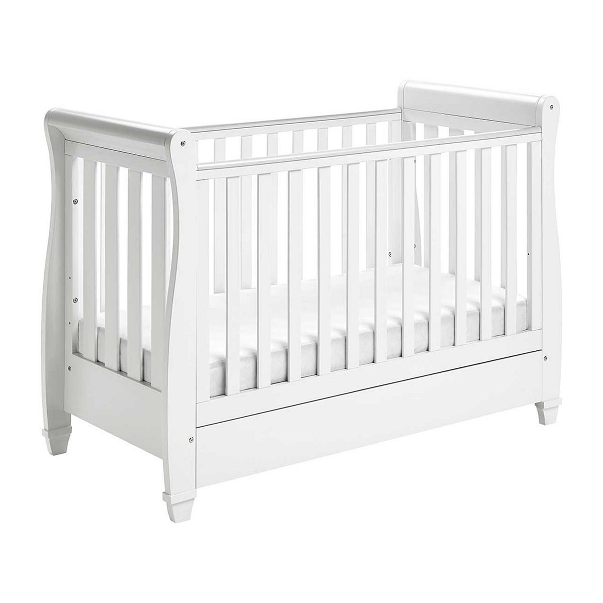 Babymore Eva Sleigh Cot Bed Dropside With Drawer - White