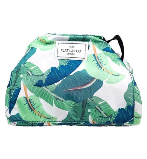 The Flat Lay Co. Open Flat Drawstring Makeup Bag in Tropical Leaves Print
