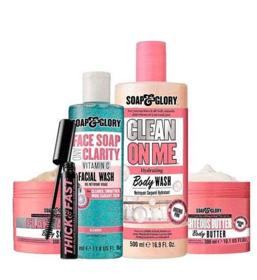 S&G Face Soap & Clarity Wash 350ml;Soap & Glory Bestsellers Bundle;Soap & Glory Clean on Me Shower Gel 500ml;Soap & Glory Clean on Me Shower Gel 500ml;Soap & Glory Face Soap & Clarity Face Wash 350ml;Soap & Glory Flake Away Scrub 300ml;Soap & Glory Flake Away Scrub 300ml;Soap & Glory The Righteous Butter 300ml;Soap & Glory The Righteous Butter 300ml;Soap & Glory Thick & Fast Super Volume Mascara;Soap & Glory Thick & Fast Super Volume Mascara