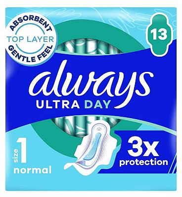 Always Ultra Day Sanitary Towels Normal (Size 1) With Wings 13 Pads, Super Absorbent And Ultra Thin,