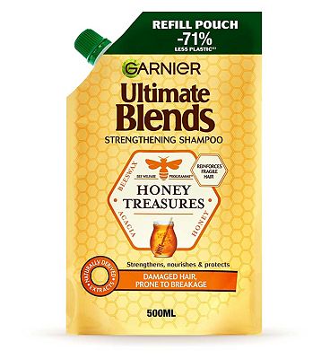 Garnier Ultimate Blends Honey Treasures Strengthening Shampoo Refill-Pouch for Damaged Hair, Prone t