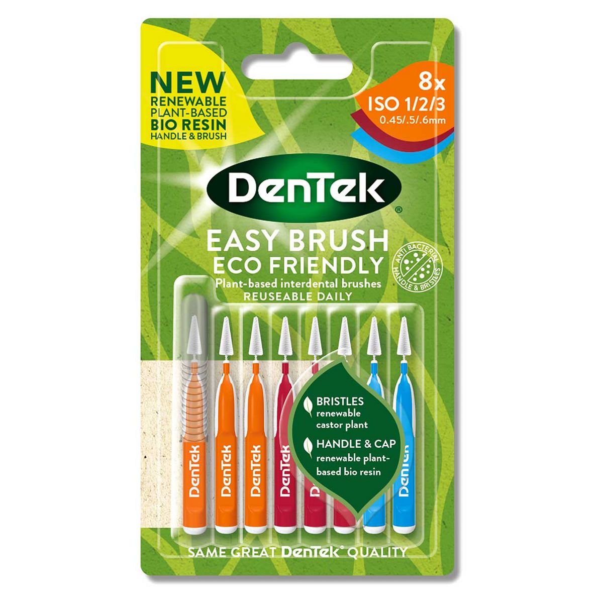Dentek Easy Brush Eco Friendly 8 Plant-Based Interdental Brushes Iso 1/2/3 (0.5/.5/.6Mm)