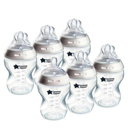 Tommee Tippee Closer to Nature Baby Bottles, Slow-Flow Breast-Like Teat with Anti-Colic Valve, 260ml, Pack of 6, Mixed Colours