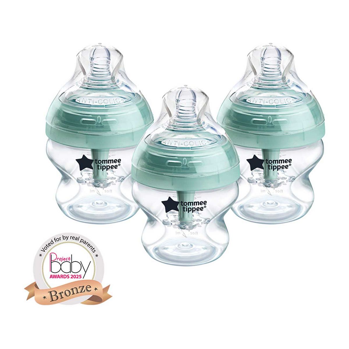 Tommee Tippee Advanced Anti-Colic Baby Bottle, Slow Flow Breast-Like Teat, Vented Wand, Self-Sterilising, Pack Of 3, 150Ml