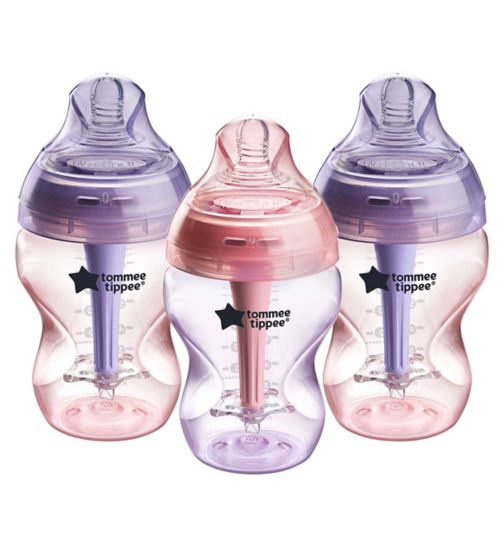 Tommee Tippee Advanced Anti-Colic Baby Bottle, 260ml, Breast-Like Teat, Triple-Vented Anti-Colic Wand, Pack of 3, Purple