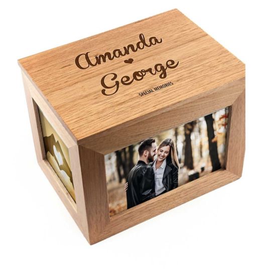 Treat Republic Personalised Name And Heart Midi Oak Photo Cube Keepsake Box