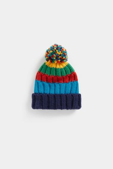 Multi-Stripe Knitted Hat with Pom Pom
