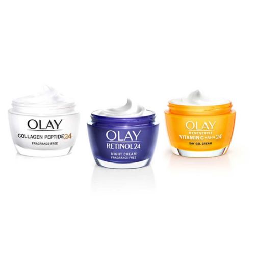 Olay A-Listers with Vitamin C + AHA, Collagen Peptide and Retinol Bundle;Olay Collagen Peptide Day Cream 50ml;Olay Regenerist Collagen Peptide 24 Day Cream Without Fragrance, 50ml;Olay Regenerist Retinol 24 Night Face Moisturiser With Retinol & Vitamin B3 50ml;Olay Retinol 24 Night Face Cream Without Fragrance 50ml;Olay Vitamin C + AHA24 Day Gel Face Cream 50ml;Olay Vitamin C + AHA24 Day Gel Face Cream For Bright And Even Tone 50ml