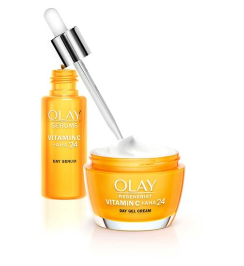 Olay Get The Glow with Vitamin C + AHA Day Face Moisturiser & Serum Bundle;Olay Vitamin C + AHA24 Day Gel Face Cream 50ml;Olay Vitamin C + AHA24 Day Gel Face Cream For Bright And Even Tone 50ml;Olay Vitamin C + AHA24 Day Gel Serum 40ml;Olay Vitamin C + AHA24 Day Gel Serum For Bright And Even Tone 40ml