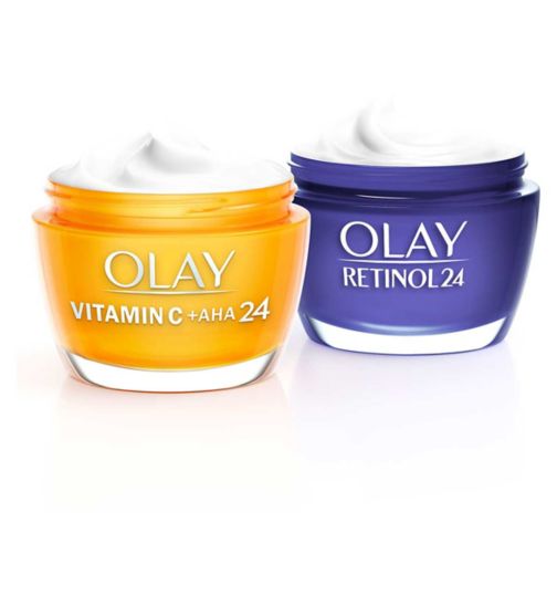 Olay Power Duo for Bright & Glowing Skin with Vitamin C & Retinol24;Olay Regenerist Retinol 24 Night Face Moisturiser With Retinol & Vitamin B3 50ml;Olay Retinol 24 FF Night Cream Smooth & Glowing Skin 50ml;Olay Vitamin C + AHA24 Day Gel Face Cream 50ml;Olay Vitamin C + AHA24 Day Gel Face Cream For Bright And Even Tone 50ml