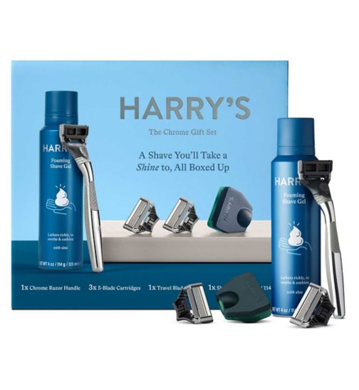 Harry’s Men’s Chrome Gift Set with 3 Razor Blades + Shave Gel