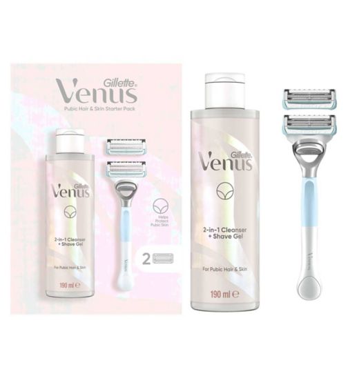 Gillette Venus For Pubic Hair & Skin Women's Razor, 2 Blade Refills and 2in1 Shave Gel and Cleanser