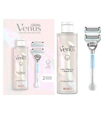 Gillette Venus For Pubic Hair & Skin Women’s Razor, 2 Blade Refills and 2in1 Shave Gel and Cleanser