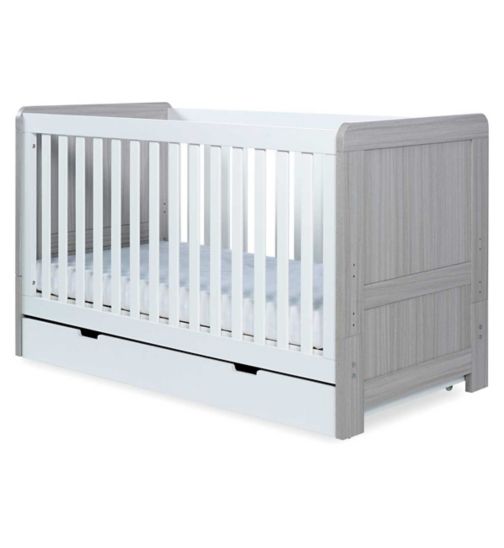 Ickle Bubba Pembrey Cot Bed, Under Drawer and Deluxe Mattress - Ash Grey and White