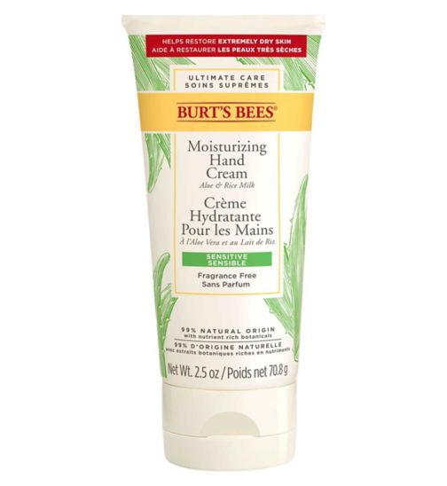 Burt's Bees Moisturising Hand Cream For Very Dry and Sensitive Skin, With Aloe and Rice Milk, 99% Natural Origin, 70.8 g