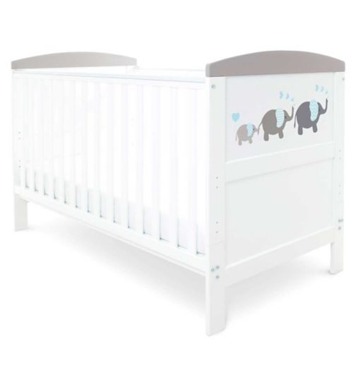 Ickle Bubba Coleby Style Cot Bed, Under Drawer and Deluxe Mattress - Elephant Love Grey