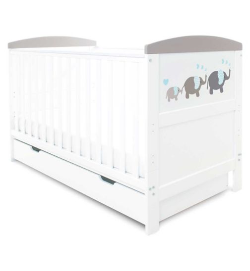 Ickle Bubba Coleby Style Cot Bed, Under Drawer and Deluxe Mattress - Elephant Love Grey