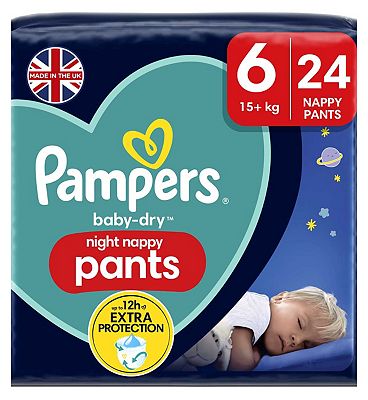 Pampers Baby-Dry Night Nappy Pants Size 6, 24 Night Nappies, 15kg+, Essential Pack