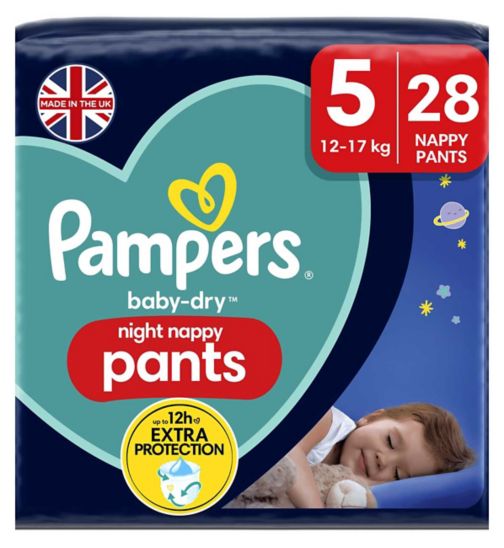Pampers Baby-Dry Night Nappy Pants Size 5, 28 Night Nappies, 12kg-17kg, Essential Pack