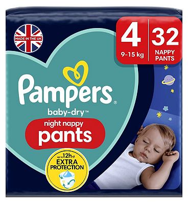 Pampers Baby-Dry Night Nappy Pants Size 4, 32 Night Nappies, 9kg-15kg, Essential Pack