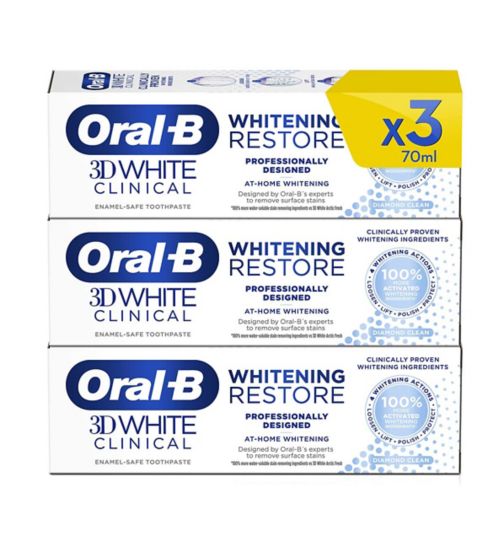 Oral-B 3D White Clinical Whitening Restore 3 Month Toothpaste Bundle;Oral-B 3DWhite Clinical Whitening Restore Diamond Clean Toothpaste 70ml;Oral-B 3DWhite iamond Clean Toothpaste 70ml